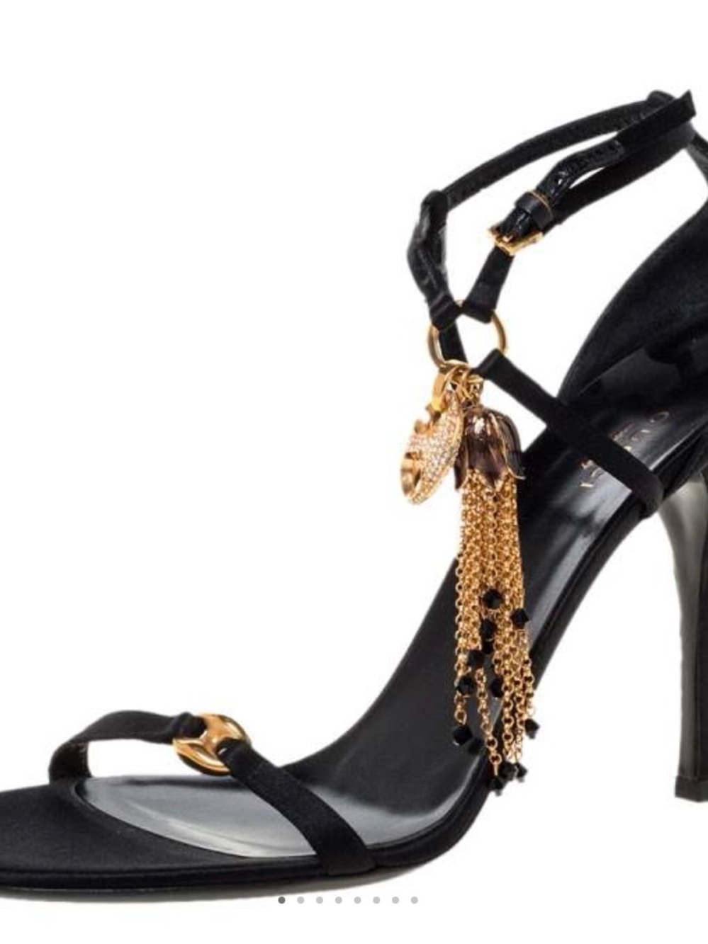 Gucci Black Satin High Heel Sandals with Gold Tassel Charms